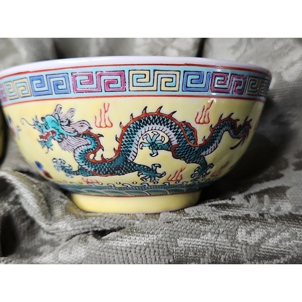 VTG Chinese Famille Rose Porcelain Bowls Yellow Dragon Signed‎ HAND PAINTED